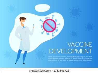 Coronavirus vaccine development banner flat vector template. Brochure, poster concept design with cartoon character. Medic in face mask with syringe horizontal flyer, leaflet with place for text