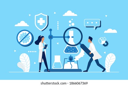 Coronavirus vaccine development in science laboratory concept vector illustration. Cartoon tiny scientist people develop and test new corona virus covid19 vaccine, holding medical equipment background