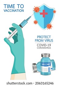 Coronavirus vaccine disease COVID-19. Hands in blue gloves of doctor holding syringe and vaccine vial injection tool for covid19 immunization treatment. Medicine vaccination antiviral for all.