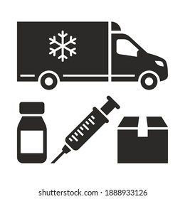 Coronavirus vaccine distribution icon. Mass vaccination against COVID-19. Refrigerated truck. Syringe. Vector icon isolated on white background.