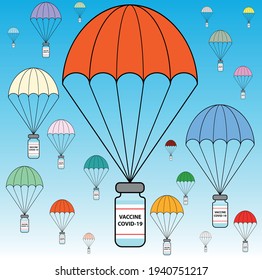 Coronavirus vaccine distribution and transportation isolated vector illustration with colorful parachutes. Distribution emergency concept.