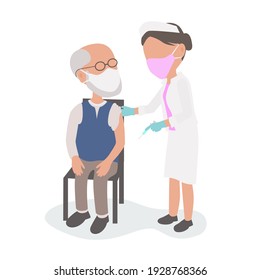 Coronavirus vaccine. Doctor or nurse with syringe vaccinate an elderly old man who is sitting in a resthome chair wearing PPE masks.