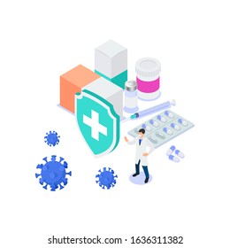 Coronavirus vaccine and drugs 2019-nCoV. Coronavirus outbreak in China and spread around the world. Pandemic threat. Vector Isometric illustration on a white background.