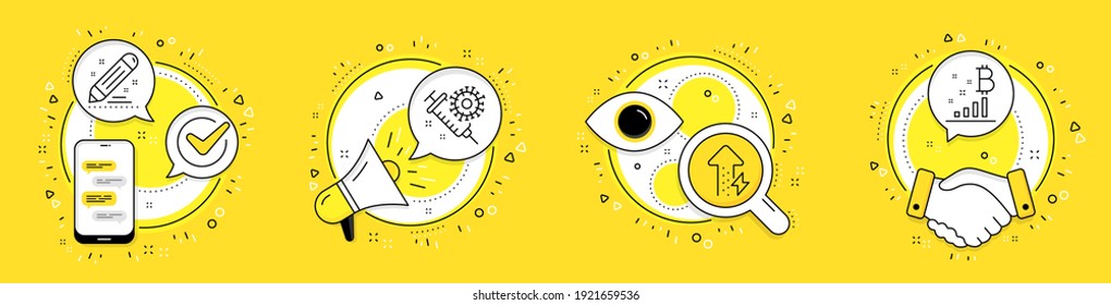 Coronavirus vaccine, Energy growing and Brand contract line icons set. Cell phone, megaphone and deal vector icons. Bitcoin graph sign. Syringe, Power usage, Edit report. Vector