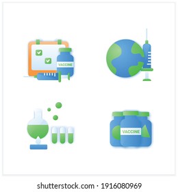 Coronavirus vaccine flat icons set. Health care, worldwide medicine. Consists of schedule, vaccine samples, production, world vaccination. Vaccination against Covid19 disease. 3d vector illustrations