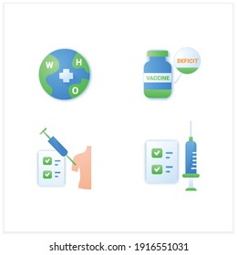 Juego de iconos planos de la vacuna de Coronavirus. Salud, medicina mundial. Consiste en pruebas, límite de vacunas, organización mundial de la salud. Vacunación contra la enfermedad de Covid19. 3.ª ilustración vectorial