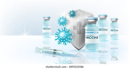 Coronavirus vaccine global pandemic web concept with medical vial, silver shield, syringe, COVID-19 molecules. World epidemic cure hospital health background. Coronavirus prevention vaccine 3D banner