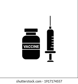 Coronavirus vaccine glyph icon.Vaccine bottle and injection syringe. Vaccine development.Stop coronavirus. Covid19 disease vaccination concept.Filled flat sign. Isolated silhouette vector illustration