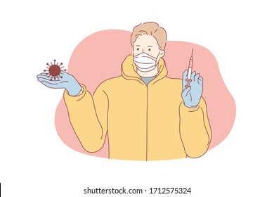Coronavirus, vaccine, healthcare concept. Young man or boy cartoon character in medical face mask holding syringe with cure from COVID19 desease. 2019ncov infection influenza treatment illustration.