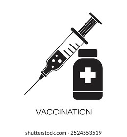 Ícone da vacina contra o coronavírus. Vacinação em massa contra a Covid-19. Seringa e frasco de medicamento. Ícone de vetor isolado no fundo branco.