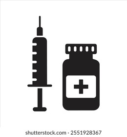 Coronavirus vaccine icon. Syringe and bottle of medicine icon