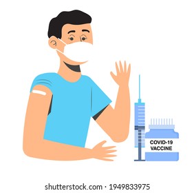 Coronavirus vaccine, immunity passport app. Time to vaccination. Health passport concept vector for web, header.  Man wearing medical masks. Syringe and medicines in COVID-19 pandemic.