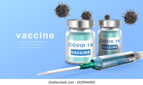 Coronavirus vaccine. Immunization treatment. Vaccine bottle and syringe injection tool for covid19. Vector illustration.