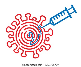 Coronavirus vaccine injection. COVID-19 vaccination. maze concept.
Symbol of coronavirus with labyrinth and injection symbolizing success in the treatment of viral epidemics. Vector available.