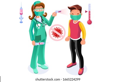 Coronavirus vaccine injection medical treatment for viral infection. Fever and cough symptoms of virus contagion. Physician, infected patient, doctor or nurse characters on cartoon vector illustration