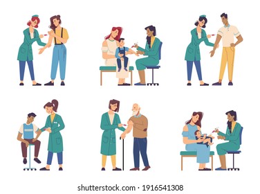 Coronavirus vaccine injection, people of different ages vaccination isolated flat cartoon characters. Vector covid 19 prevention, nurses in uniform making influenza. Immunization of adult and children