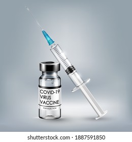 Coronavirus vaccine isolated, Covid-19 coronavirus vaccination with vaccine bottle and syringe injection tool for covid19 immunization treatment and prevention, Vector illustration.