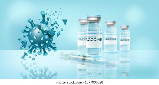 Coronavirus vaccine lab pandemic concept with COVID-19 disease molecule destruction, syringe. Global virus spreading prevention background with medical vial. Coronavirus vaccine hospital illustration