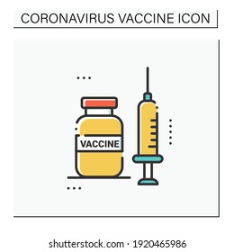 Coronavirus vaccine line icon. Vaccine bottle and injection syringe. Cure search, vaccine development. Stop coronavirus. Covid19 disease vaccination concept. Isolated vector illustration