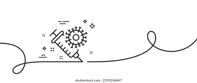 Icono de línea de la vacuna Coronavirus. Una línea continua con curl. Signo de la jeringa Covid-19. Símbolo del virus Corona. Cinta única de la vacuna contra el coronavirus. Patrón de curva de bucle. Vector