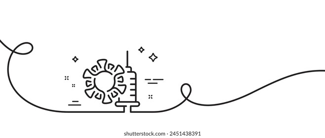 Coronavirus vaccine line icon. Continuous one line with curl. Covid virus sign. Infection protect symbol. Coronavirus vaccine single outline ribbon. Loop curve pattern. Vector