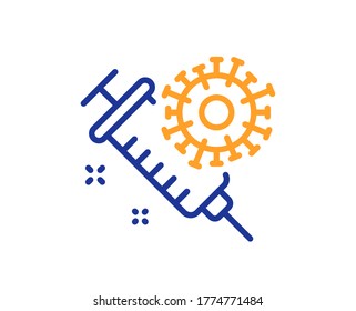 Symbol der Impfstofflinie von Coronavirus. Covid-19 Spritzenzeichen. Corona-Virus-Symbol. Farbenvolles Konzept der dünnen Linie. Symbol für einen linearen Koronavirus-Impfstoff. Bearbeitbarer Strich. Vektorgrafik
