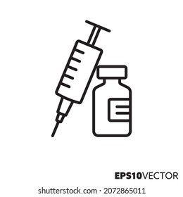 Coronavirus vaccine line icon. Outline symbol of serum bottle and syringe. Health care and medicine concept flat vector illustration.