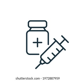 Coronavirus Vaccine line icon. Syringe with Bottle. Vaccine Against Covid. Syringe and Vaccine Vial flat line icon. Treatment for Coronavirus Covid-19. Editable stroke. Vector illustration.