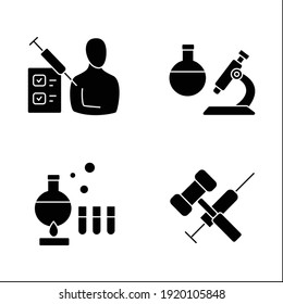 Coronavirus vaccine line icons set. Health care, worldwide medicine. Consists of vaccination low, producing, tests, clinical trial.Vaccination covid-19 disease.Isolated silhouette vector illustrations
