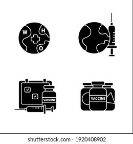 Conjunto de iconos de línea de la vacuna Coronavirus. Salud, medicina mundial. Consiste en muestras de vacunas, vacunación mundial, pauta. Vacunación de la enfermedad de covid-19. Ilustraciones vectoriales aisladas de siluetas