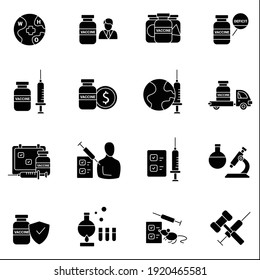 Conjunto de iconos de línea de la vacuna Coronavirus. Salud, medicina mundial. Búsqueda de la cura, etapas del proceso de desarrollo de la vacuna. Vacunación contra la enfermedad de covid-19. Ilustraciones vectoriales aisladas de siluetas