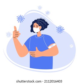 Coronavirus vaccine. Masked woman vaccinated against Covid-19. Immunization and health concept. Flat vector illustration.