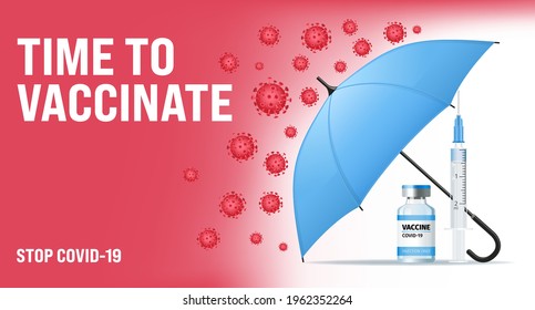 Coronavirus Vaccine Medical Background. Medical pandemic concept with bottle, umbrella, syringe, COVID-19 disease molecules. Realistic vector Illustration