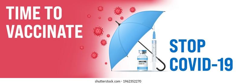 Coronavirus vaccine medical concept with glass bottles, umbrella, syringe, COVID-19 disease molecules. Realistic vector Illustration