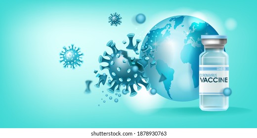 Coronavirus vaccine medical pandemic concept with disease molecule falling apart, medical flask, globe,world map. Scientific global COVID-19 spreading prevention background. Coronavirus vaccine banner