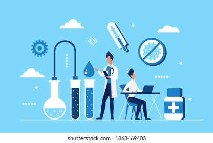 Coronavirus vaccine medicine development vector illustration. Cartoon doctor scientist characters develop corona virus vaccine with medical laboratory equipment, lab test Covid19 treatment background