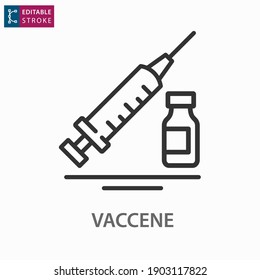 Coronavirus vaccine outline icon on white background. Editable stroke. Vector illustration.