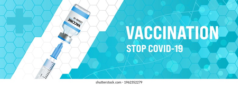 Coronavirus vaccine pandemic background. Vaccination with vaccine bottle and syringe injection tool for covid19 immunization treatment. Vector Illustration