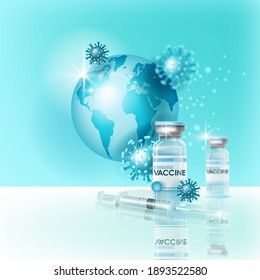 Coronavirus vaccine pandemic medical concept with world globe, COVID-19 molecules, syringe, cure vials. Blue global virus prevention health background. Coronavirus vaccine vector scientific banner