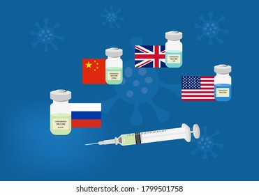 Coronavirus Vaccine Recently Developed From Different Countries. Illustration Of Syringe And Vaccine Bottles, Russia, China, United Kingdom And USA Flags.