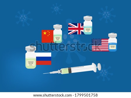 Coronavirus vaccine recently developed from different countries. Illustration of syringe and vaccine bottles, Russia, China, United Kingdom and USA flags.