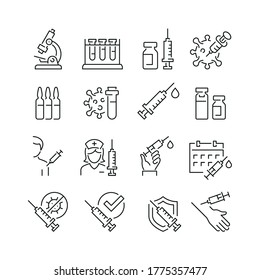 Coronavirus vaccine related icons: thin vector icon set, black and white kit