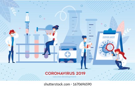 Coronavirus Vaccine Research and Development in Medical Laboratory Condition. Männliche Frau Doktor in einer einheitlichen Schutzmaske, die das Covid19-Virus untersucht und die Heilmittel in der Reagenzflasche mischt