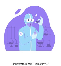 Coronavirus vaccine research to stop covid-19 ncov virus epidemic concept illustration. Medical scientists in hazmat suits with test tube working on laboratory vector flat illustration