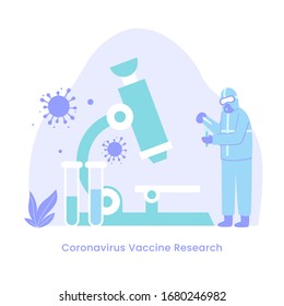 Coronavirus vaccine research to stop covid-19 ncov virus epidemic concept illustration. Medical scientists in hazmat suits with microscope vector flat illustration