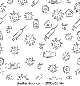 Coronavirus And Vaccine Seamless Pattern With Doodle Style 