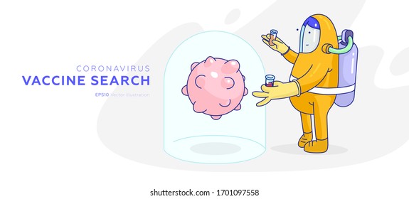 Coronavirus vaccine search. Corona virus cell research by medical scientist with respiratory protective suit. Eps10 vector illustration