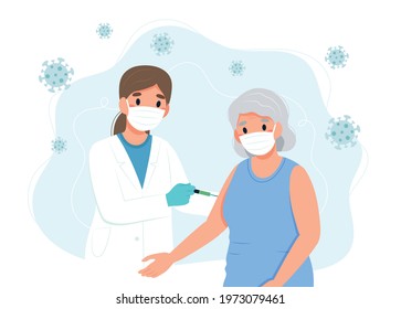 Coronavirus vaccine senior woman and a doctor with a syringe. Concept vector illustration in flat cartoon style