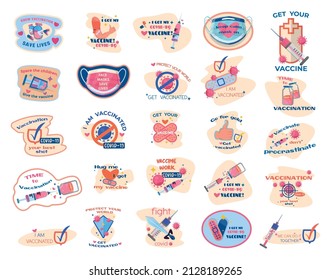 Coronavirus vaccine. Set of medical stickers. Vaccination to fight coronavirus infection.