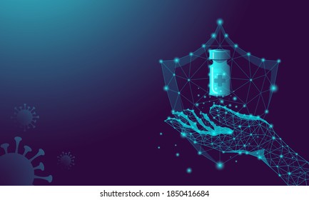 Coronavirus vaccine, shield and human hand on a dark background in low poly style. The concept of creating a medicine, saving and protecting humanity from the virus. Vector stock illustration.